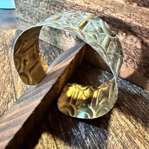 Handcrafted Artesian Boho Brass Patina‎ Bracelet, Aqua Sacred Geometry Allover, - Picture 4 of 8